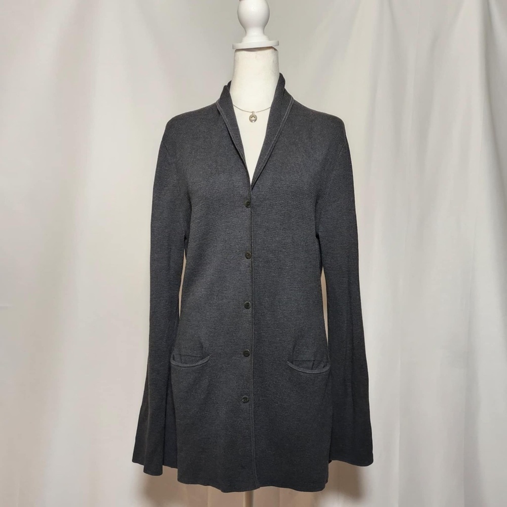 Eileen Fisher Heavyweight Silk Gray Rolled Collar Pocketed Cardigan Sweater M